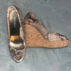 Jimmy Choo Papina Snakeskin Peep Toe Wedges 38